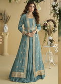 Vegaa Fashion Sky Blue Chinon Silk Embroidered Designer Gown With Shrug - Distacart