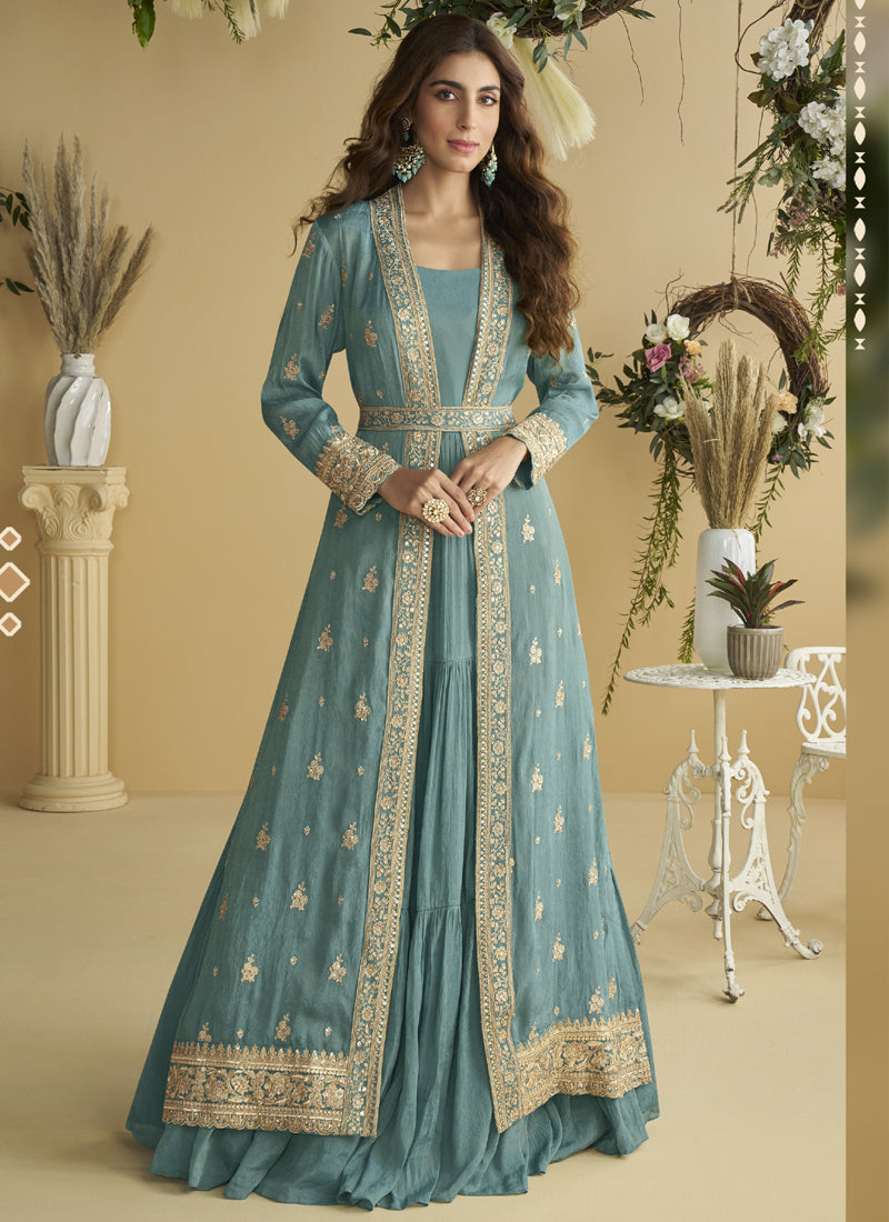 Vegaa Fashion Sky Blue Chinon Silk Embroidered Designer Gown With Shrug - Distacart