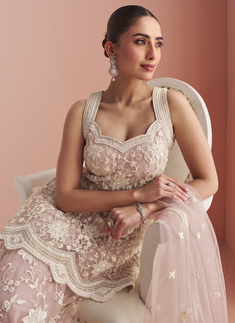Vegaa Fashion Light Onion Pink Net Embroidered Beads Trendy Palazzo Suit - Distacart