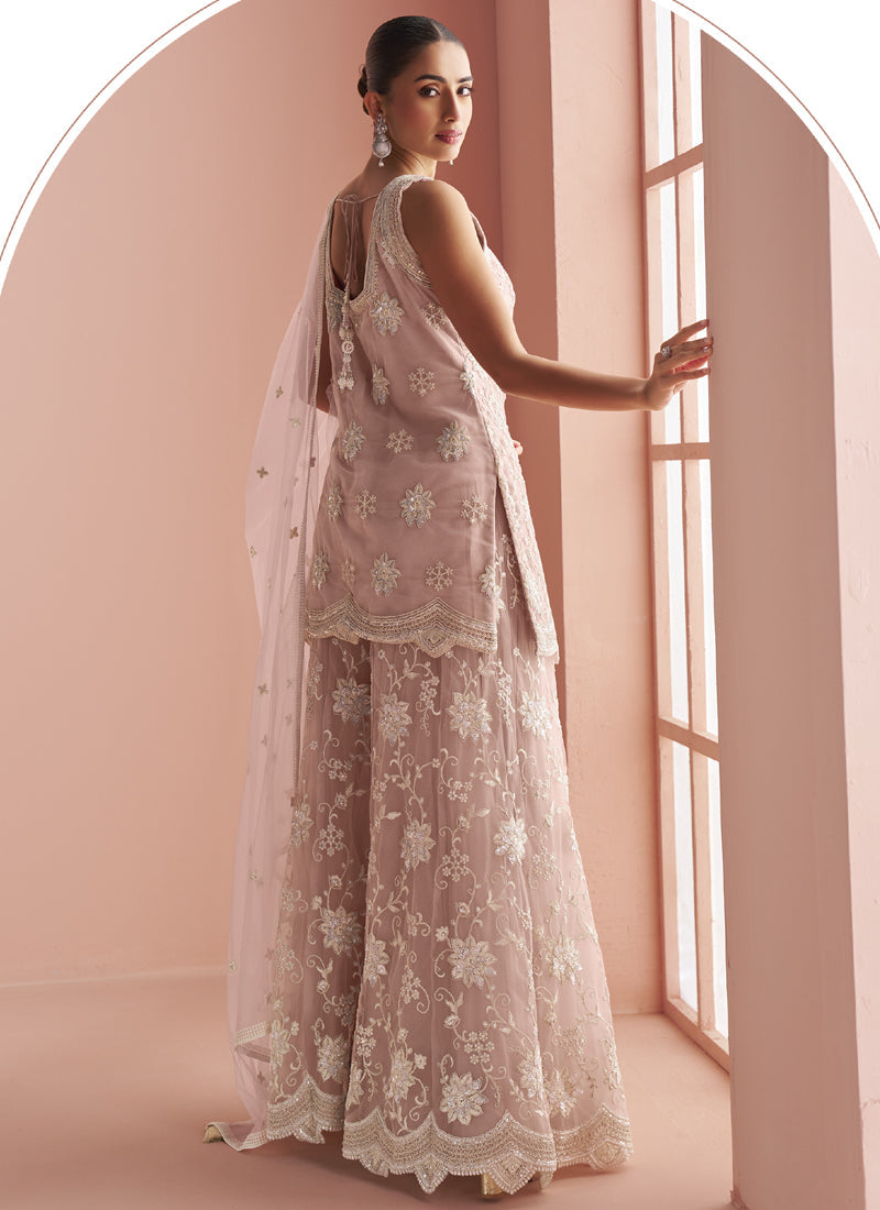 Vegaa Fashion Light Onion Pink Net Embroidered Beads Trendy Palazzo Suit - Distacart