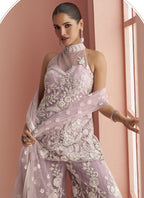 Vegaa Fashion Light Lavender Net Embroidered Beads Trendy Palazzo Suit - Distacart