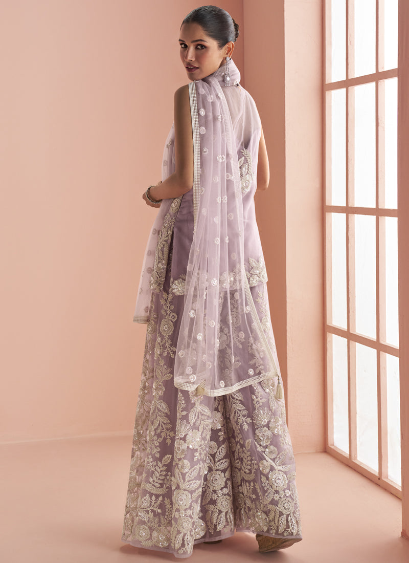 Vegaa Fashion Light Lavender Net Embroidered Beads Trendy Palazzo Suit - Distacart