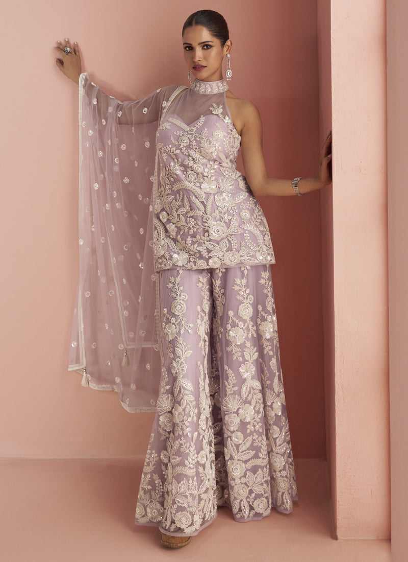 Vegaa Fashion Light Lavender Net Embroidered Beads Trendy Palazzo Suit - Distacart