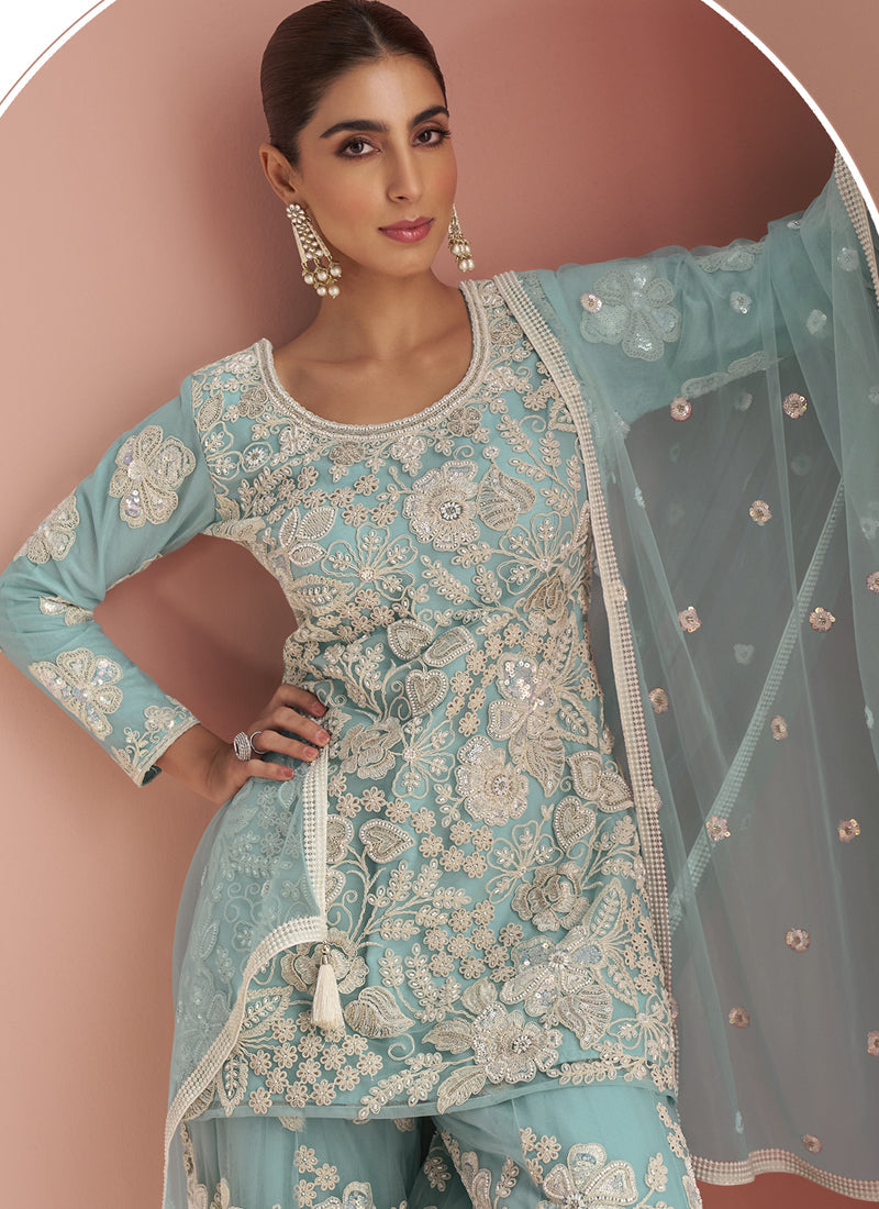 Vegaa Fashion Light Sky Blue Net Embroidered Beads Trendy Palazzo Suit - Distacart
