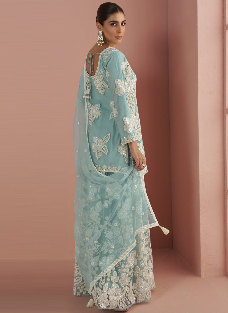 Vegaa Fashion Light Sky Blue Net Embroidered Beads Trendy Palazzo Suit - Distacart
