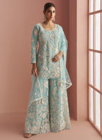 Vegaa Fashion Light Sky Blue Net Embroidered Beads Trendy Palazzo Suit - Distacart