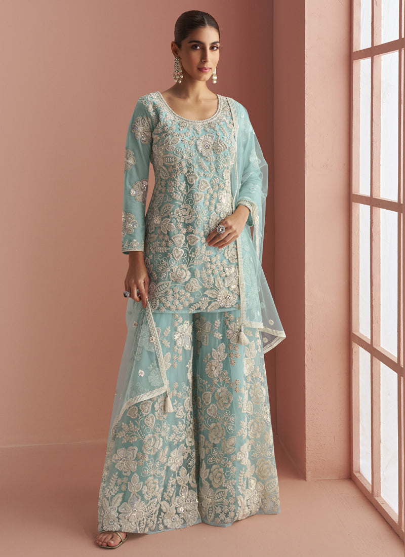 Vegaa Fashion Light Sky Blue Net Embroidered Beads Trendy Palazzo Suit - Distacart