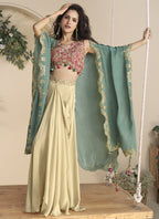 Vegaa Fashion Beige Real Chinon Silk Embroidered Shrug Style Western Suit - Distacart