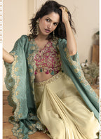 Vegaa Fashion Beige Real Chinon Silk Embroidered Shrug Style Western Suit - Distacart