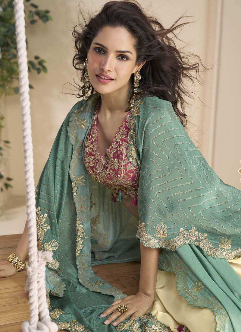 Vegaa Fashion Beige Real Chinon Silk Embroidered Shrug Style Western Suit - Distacart