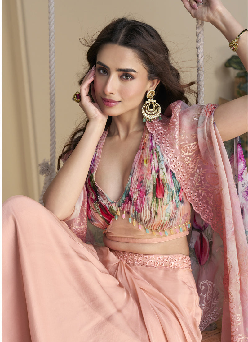 Vegaa Fashion Peach Real Chinon Silk Embroidered Shrug Style Western Suit - Distacart