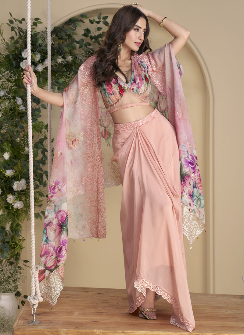 Vegaa Fashion Peach Real Chinon Silk Embroidered Shrug Style Western Suit - Distacart