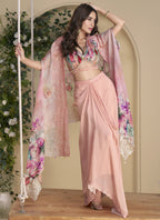 Vegaa Fashion Peach Real Chinon Silk Embroidered Shrug Style Western Suit - Distacart