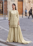 Vegaa Fashion Off White Silk Embroidered Palazzo Suit