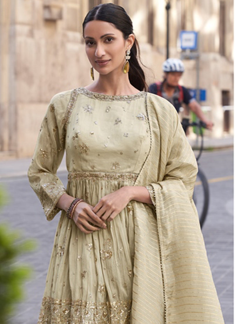 Vegaa Fashion Off White Silk Embroidered Palazzo Suit