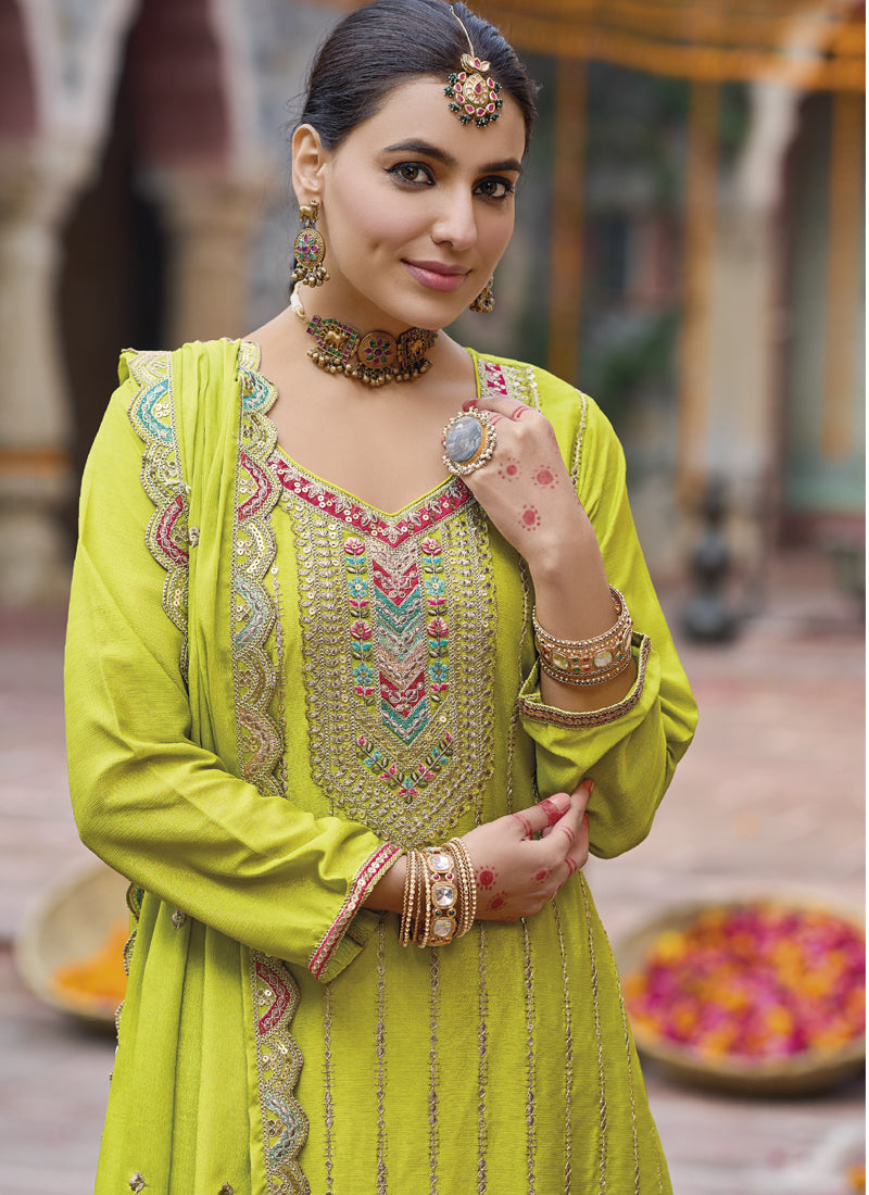 Vegaa Fashion Lime Green Chinon Silk Embroidered Designer Palazzo Suit
