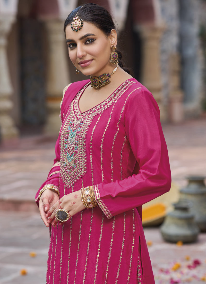 Vegaa Fashion Pink Chinon Silk Embroidered Designer Palazzo Suit