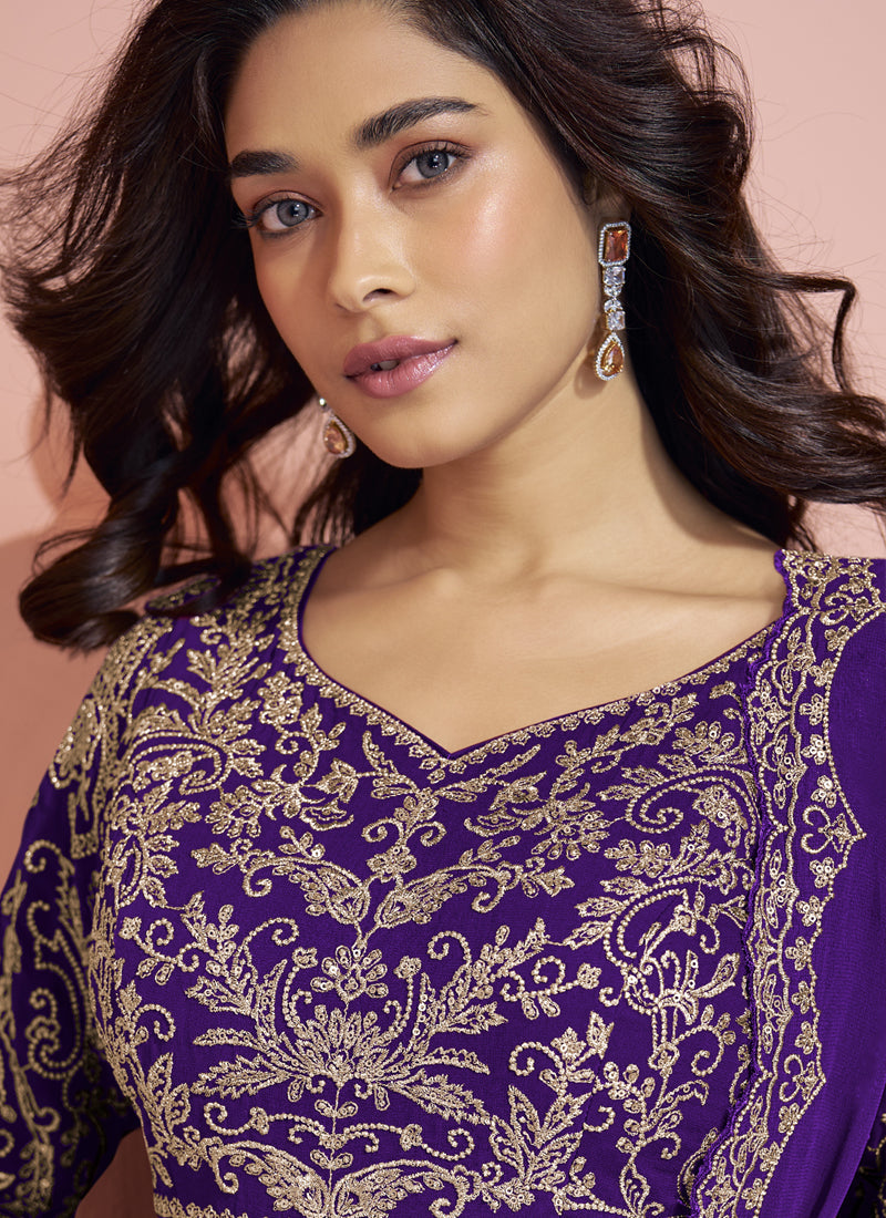 Vegaa Fashion Violet Georgette Embroidered designer Sharara Suit - Distacart