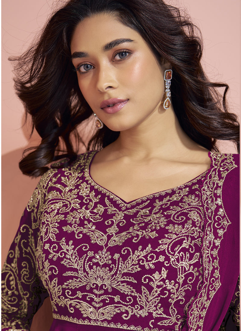 Vegaa Fashion Wine Georgette Embroidered designer Sharara Suit - Distacart