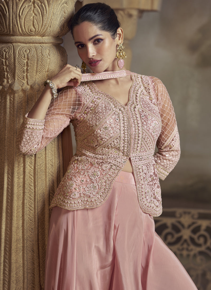 Vegaa Fashion Peach Net Embroidered Designer Palazzo Suit - Distacart