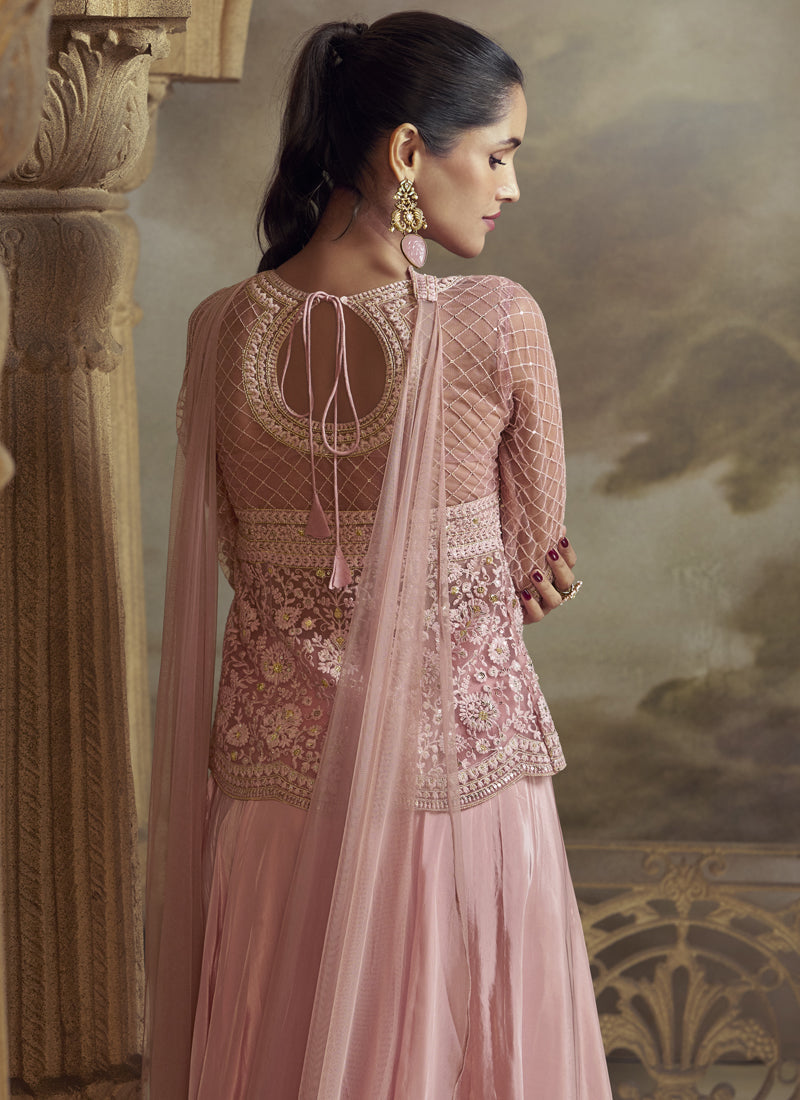 Vegaa Fashion Peach Net Embroidered Designer Palazzo Suit - Distacart