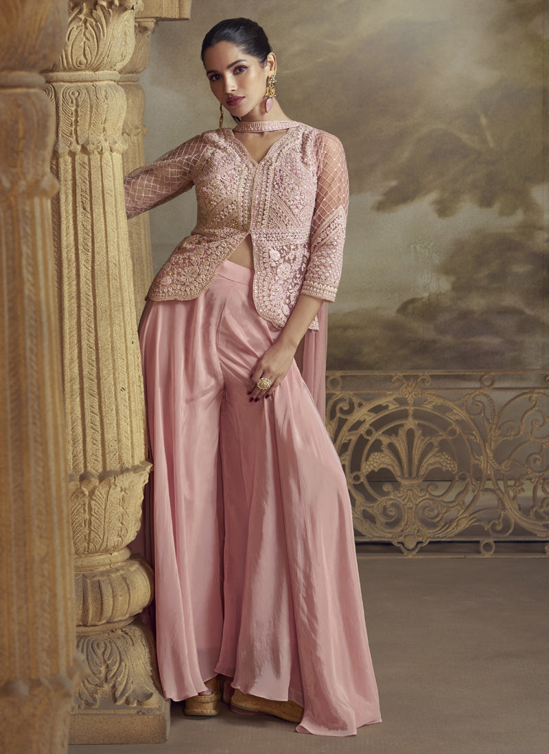 Vegaa Fashion Peach Net Embroidered Designer Palazzo Suit - Distacart