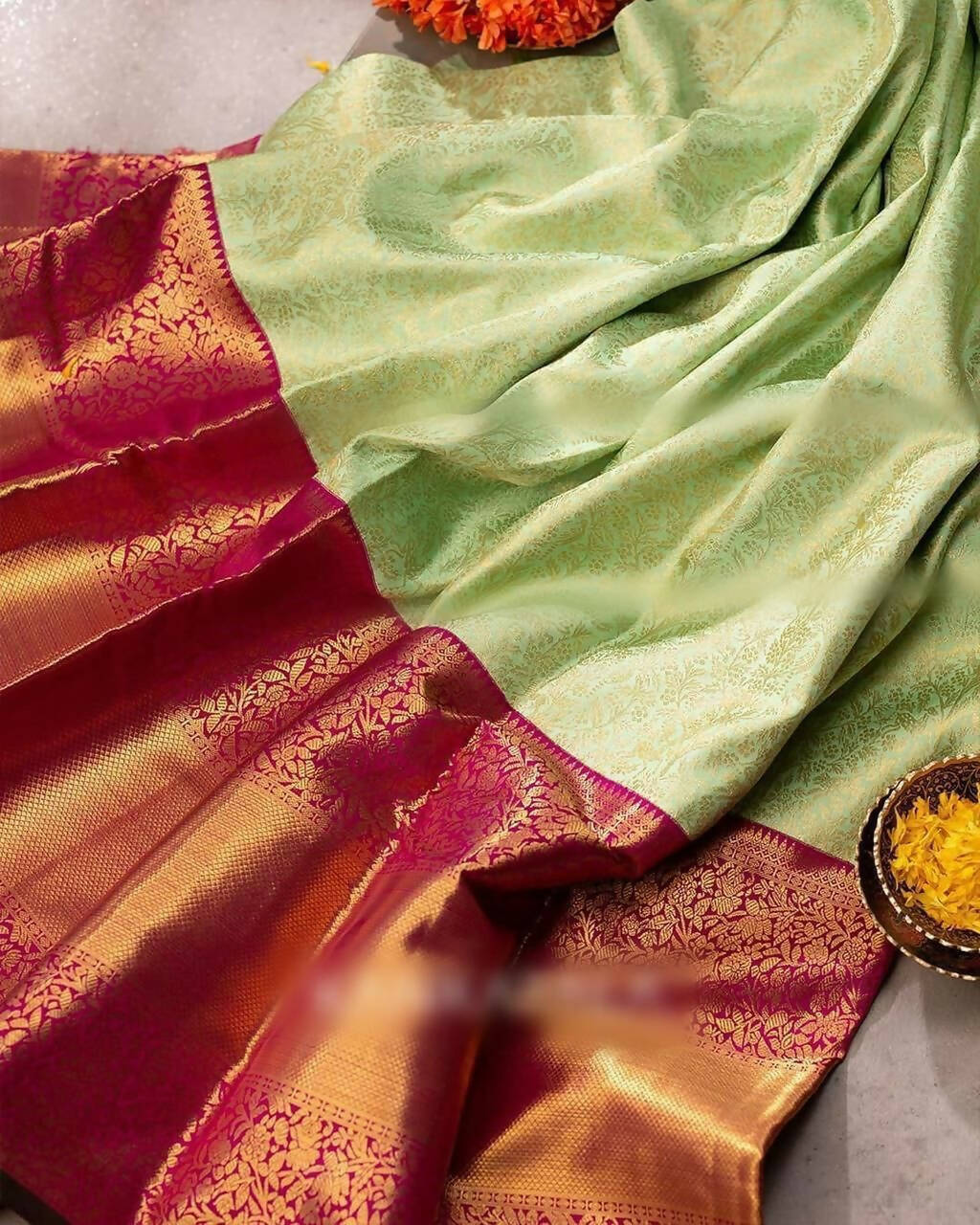 DEIANA'S Beautiful Designer Golden zari Soft Lichi Silk Saree - Pista