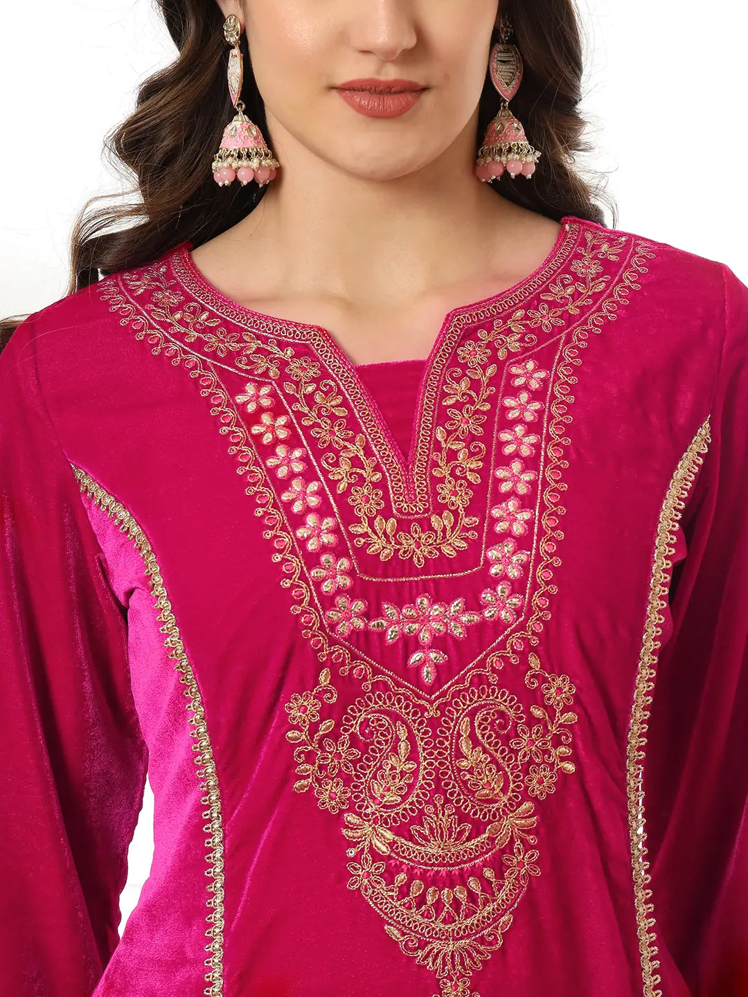 Yufta Velvet Pink Kurta Dupatta Set With Embroidery - Distacart