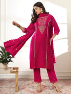 Yufta Velvet Pink Kurta Dupatta Set With Embroidery - Distacart