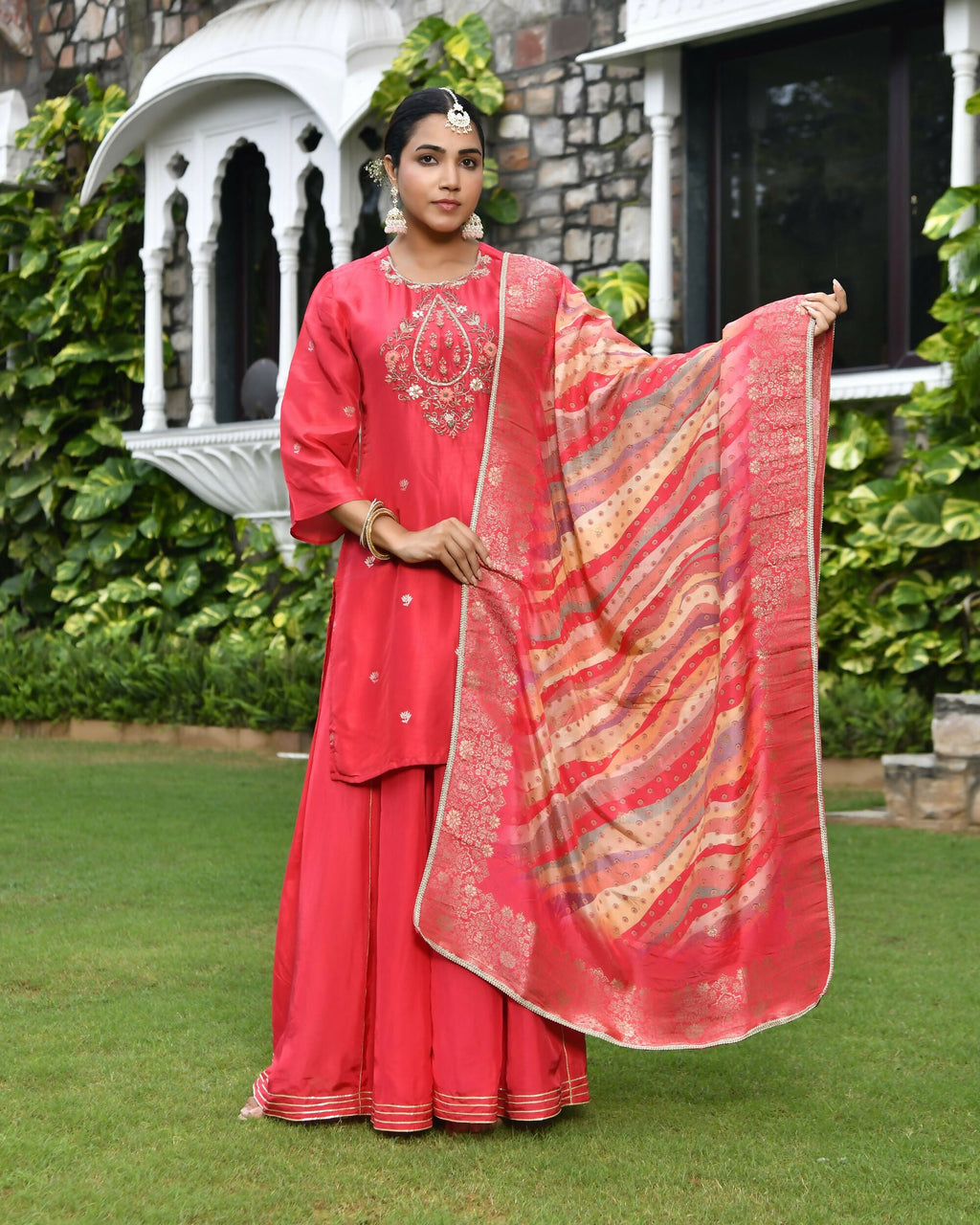 Vaasva Women's Silk Red Emboidered Solid Kurta, Sharara & Dupatta Set