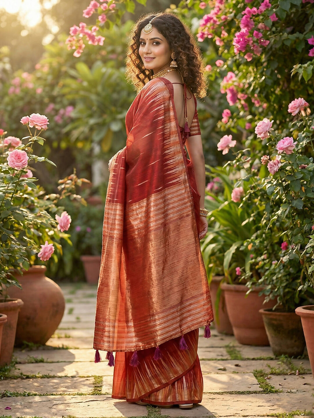 Shree Shyam Fashion Red Linen Cotton Saree - Distacart