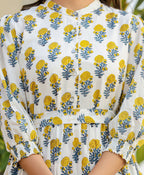 Kaajh Women's White-Yellow Ethnic Floral Hand Block Print Cotton Dress - Distacart