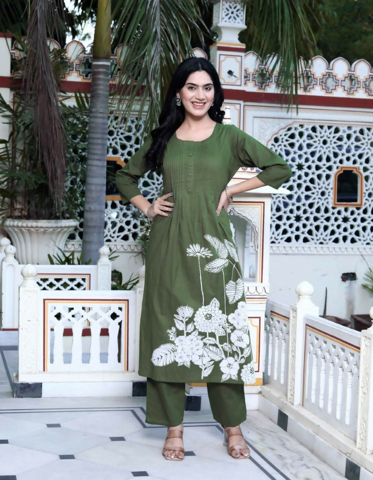 Miravan Women's Mehandi Pintucks Cotton Floral Straight Kurta and Palazzo