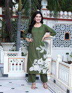 Miravan Women's Mehandi Pintucks Cotton Floral Straight Kurta and Palazzo