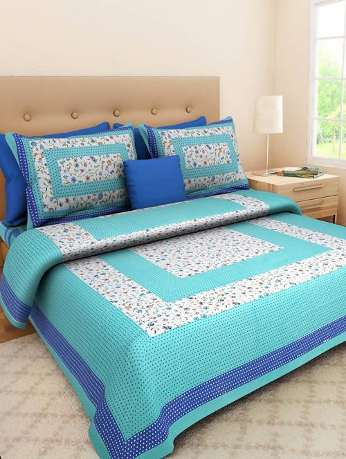 Vamika Printed Cotton Latest Sea Green Bedsheet With Pillow Covers (LEOC_BIND_SG)