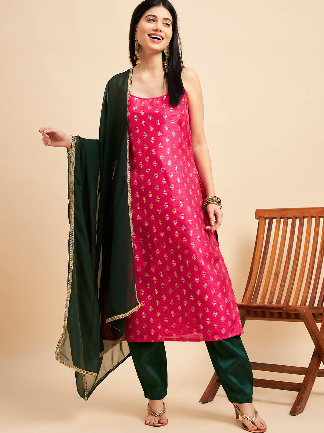 Magenta Pink and Green Polyester Printed Kurta with Trousers & Dupatta - Vishwa