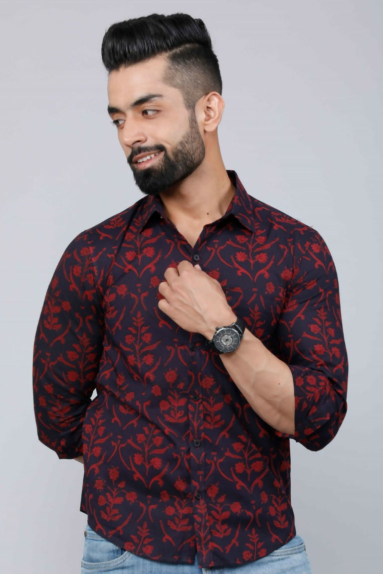 Miravan Men's Maroon Floral Printed Casual Full Sleeves Cotton Shirt