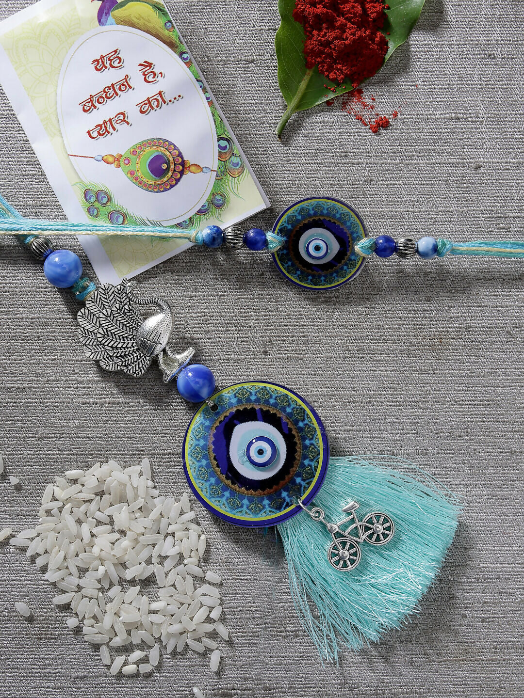 NVR Women & Men Set of 2 Blue Evil Eye & Beaded Bhaiya Bhabi Rakhi With Roli Chawal & Chocolate - Distacart