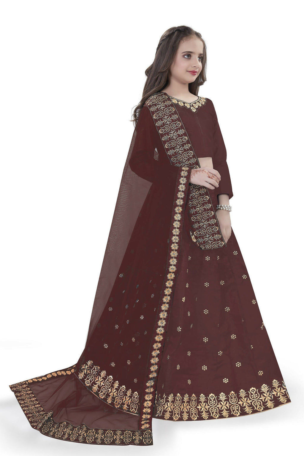 Dwiden Maroon Queen Tafetta Sattin Semi-Stitched Girl's Lehenga Choli