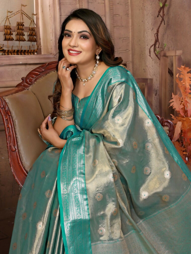 Anaita Light Blue Tissue Silk With Zari Weaving Saree With Blouse