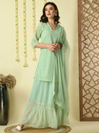 Myshka Women's Green Georgette Kurti & Skirt With Dupatta Party Sets