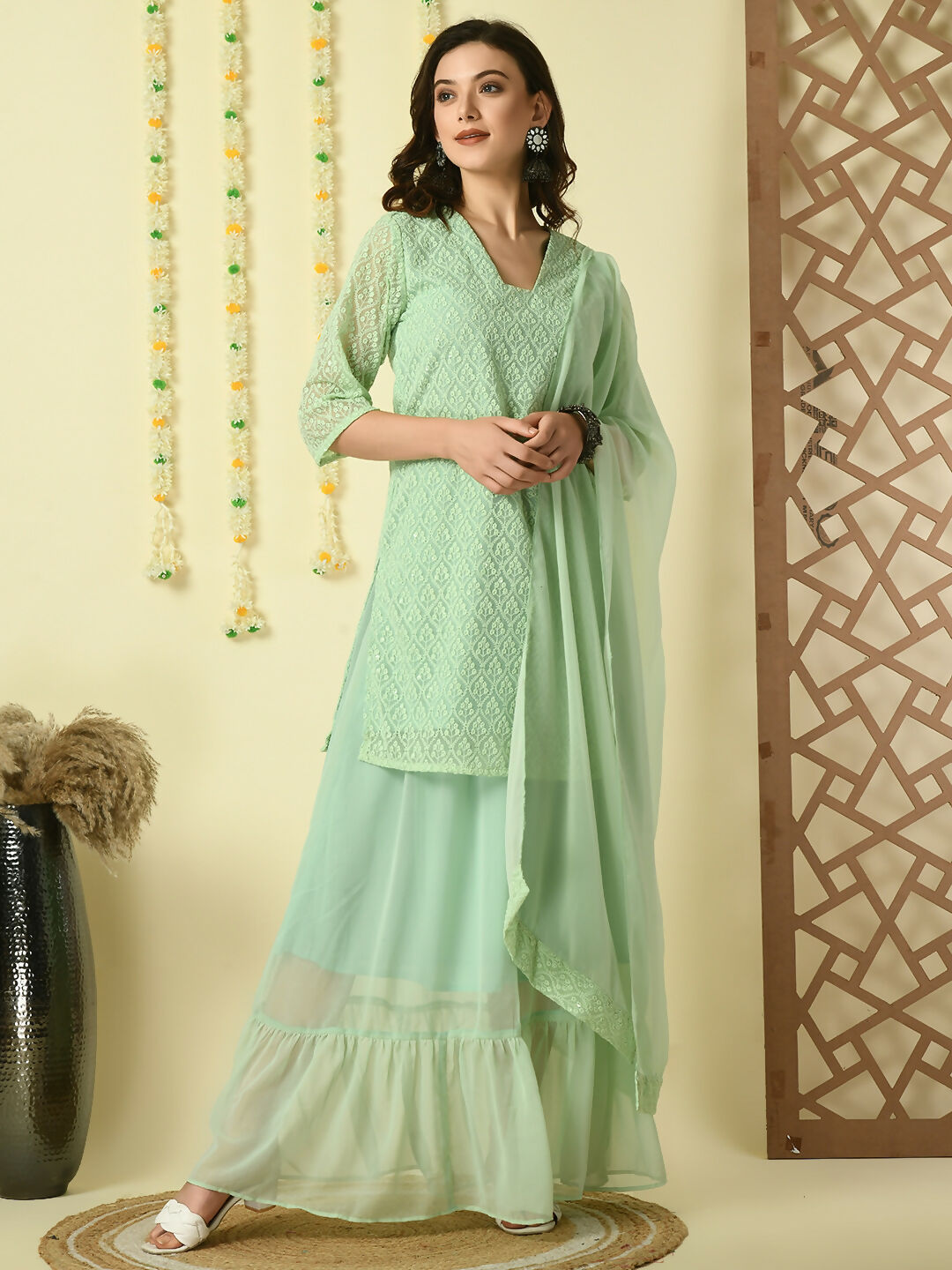 Myshka Women's Green Georgette Kurti & Skirt With Dupatta Party Sets