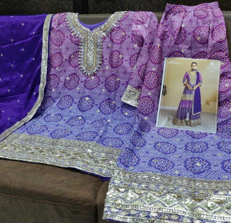 Vastranavya Bandhej Printed Chinon Chiffon Embroidered Sequins Pakistani Suit