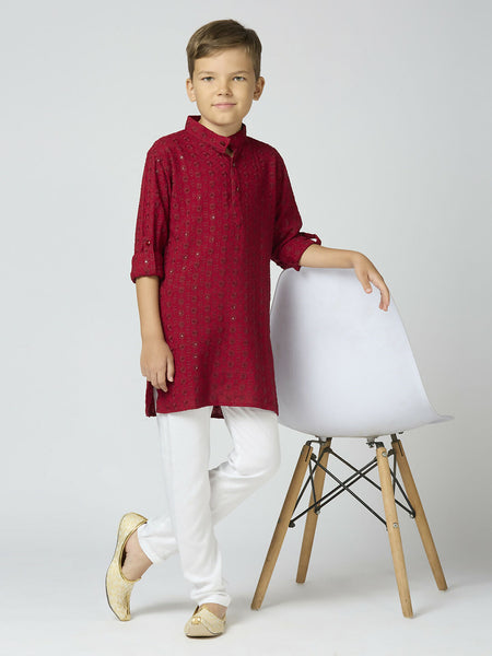 Joban Fashion Kids Island Full Sleeves Cotton Kurta and Pyjama Set with Sequin work - Maroon