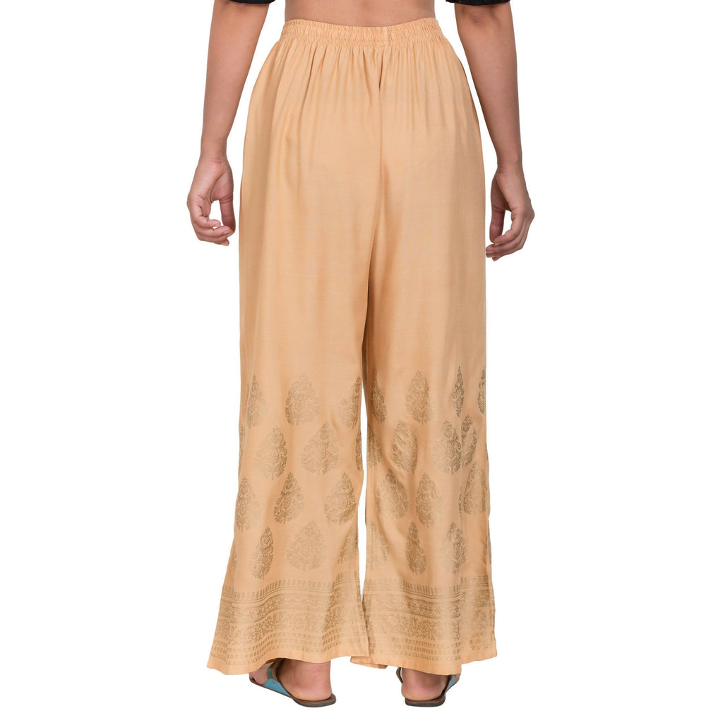 PAVONINE Beige Color Golden Printed Rayon Fabric Sharara For Women & Girls - Distacart