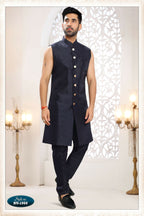 Joban Fashion Men's Blue Straight Silk Thread And Sequence Embroidery All Over 3 Pc Kurta Set