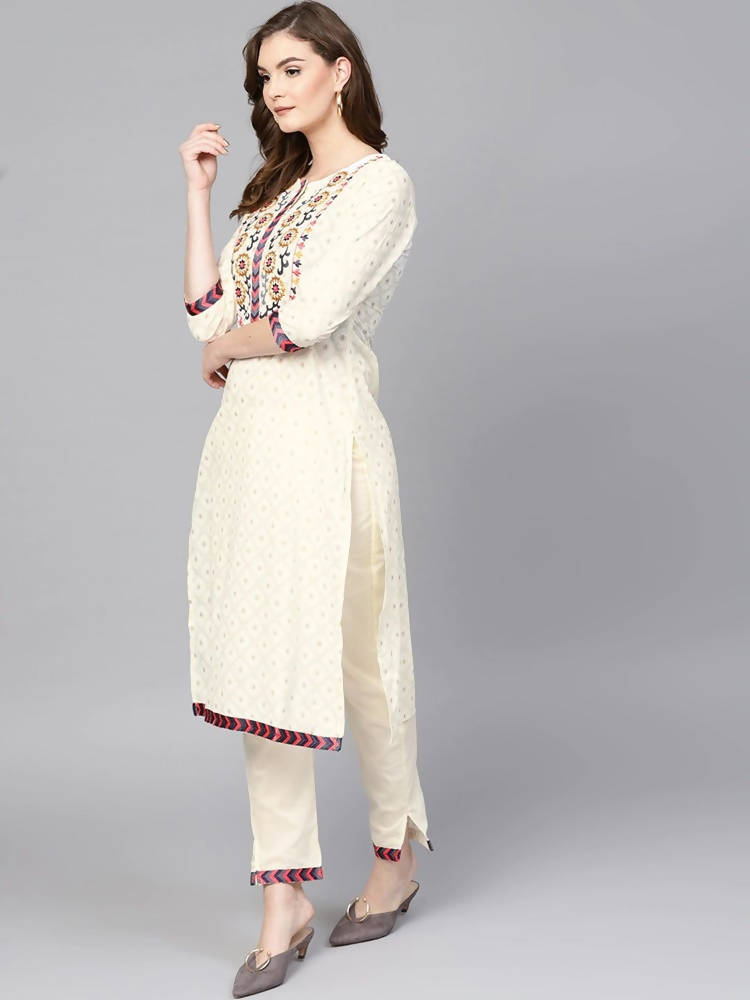 Yufta Women Off-White Printed Kurta with Trouser