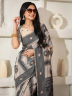 Shree Shyam Fashion Linen Cotton Black & Cream Saree - Distacart