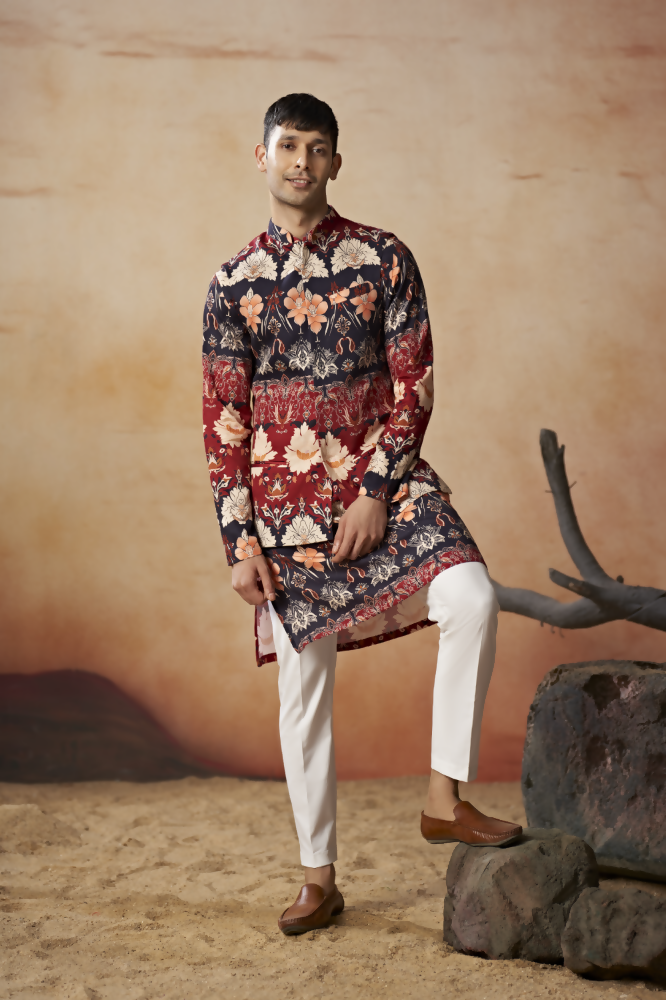 Blossom Print Cotton Nehru Jacket Set by Hilo Design