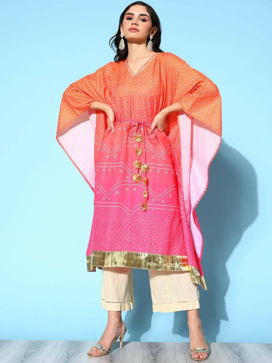 Ahalyaa Women's Orange Cotton Blend Printed Kaftan Kurta - Distacart